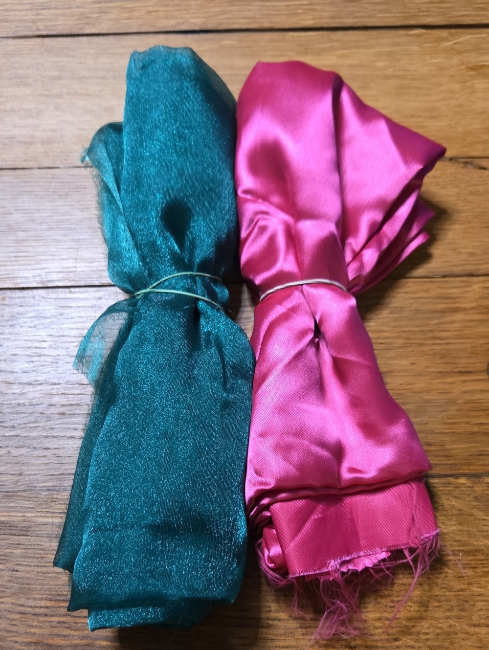 Green Mesh and Pink Satin Scrap Fabic